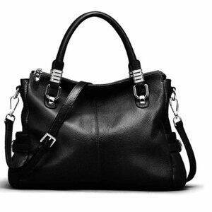 S-Zone Black Pebble Genuine Leather Satchel Handbag Purse NWT